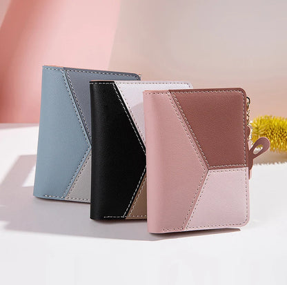 Portefeuille Femme Court avec Pompon - Porte-Monnaie PU Bicolore