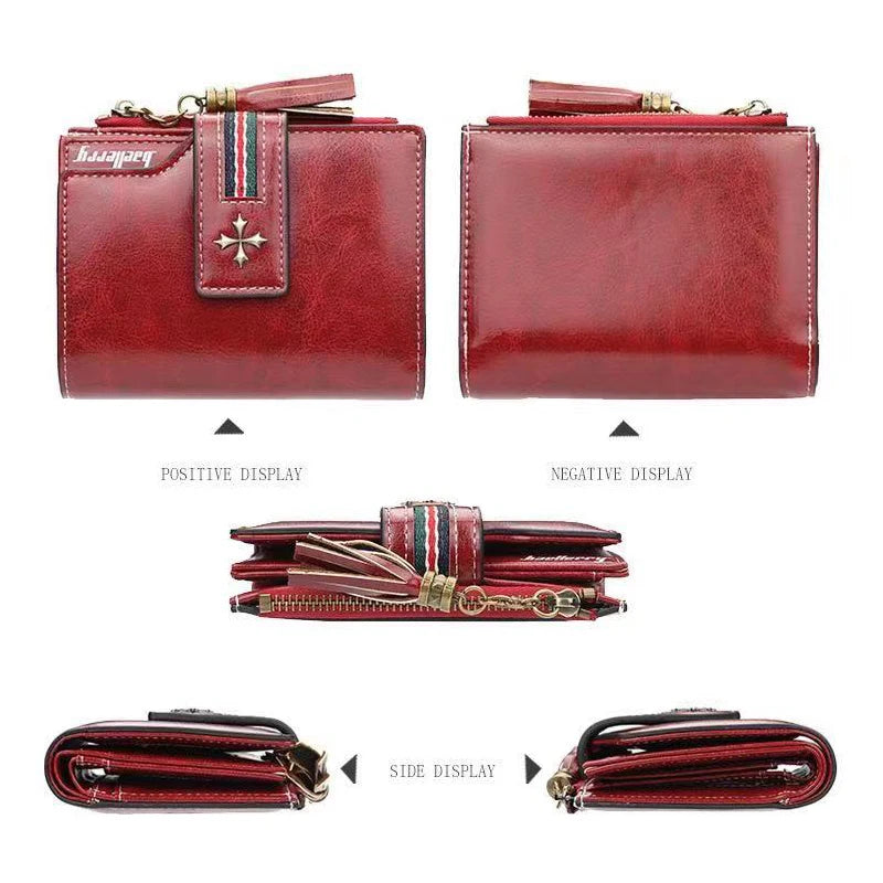 Portefeuille Femme Court Cuir Cire Huile Zippé Hasp - Porte-Carte Crédit Compact Fashion Rose