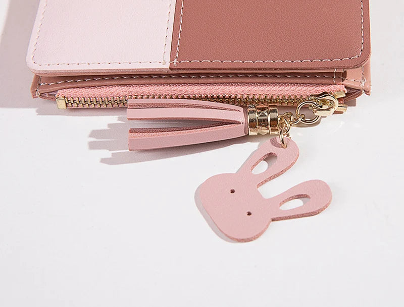 Portefeuille Femme Court avec Pompon - Porte-Monnaie PU Bicolore