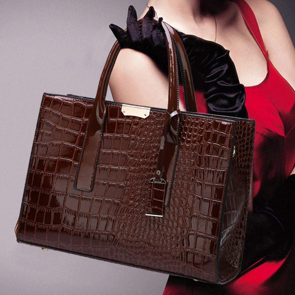 Sac Tote Femme Cuir Verni Motif Crocodile - Luxe Designer Grande Capacité Marron