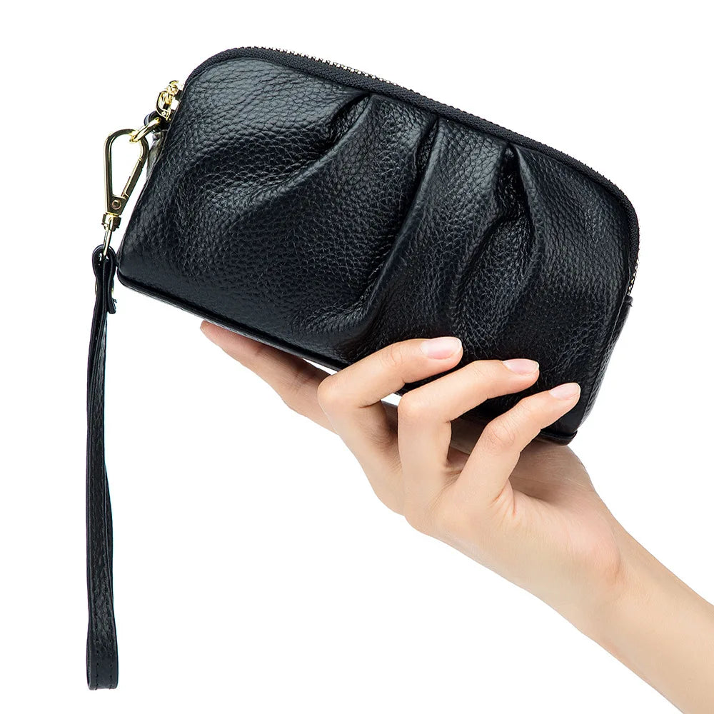 Portefeuille Femme Cuir Véritable Grande Capacité - Porte-Monnaie Long Zippé Multifonction avec Dragonne