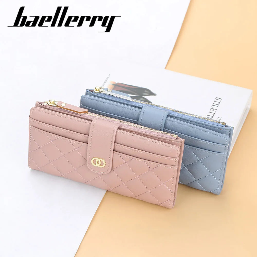 Portefeuille Femme Cuir PU Long Motif Carreaux - Wallet Zipper Porte-Cartes Bleu