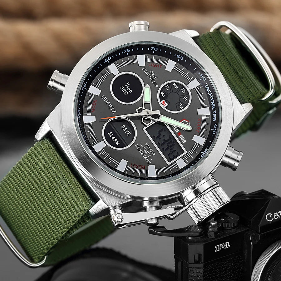 Montre Sport Homme GOLDENHOUR Militaire LED - Quartz Nylon Semaine Armée Relogio Masculino