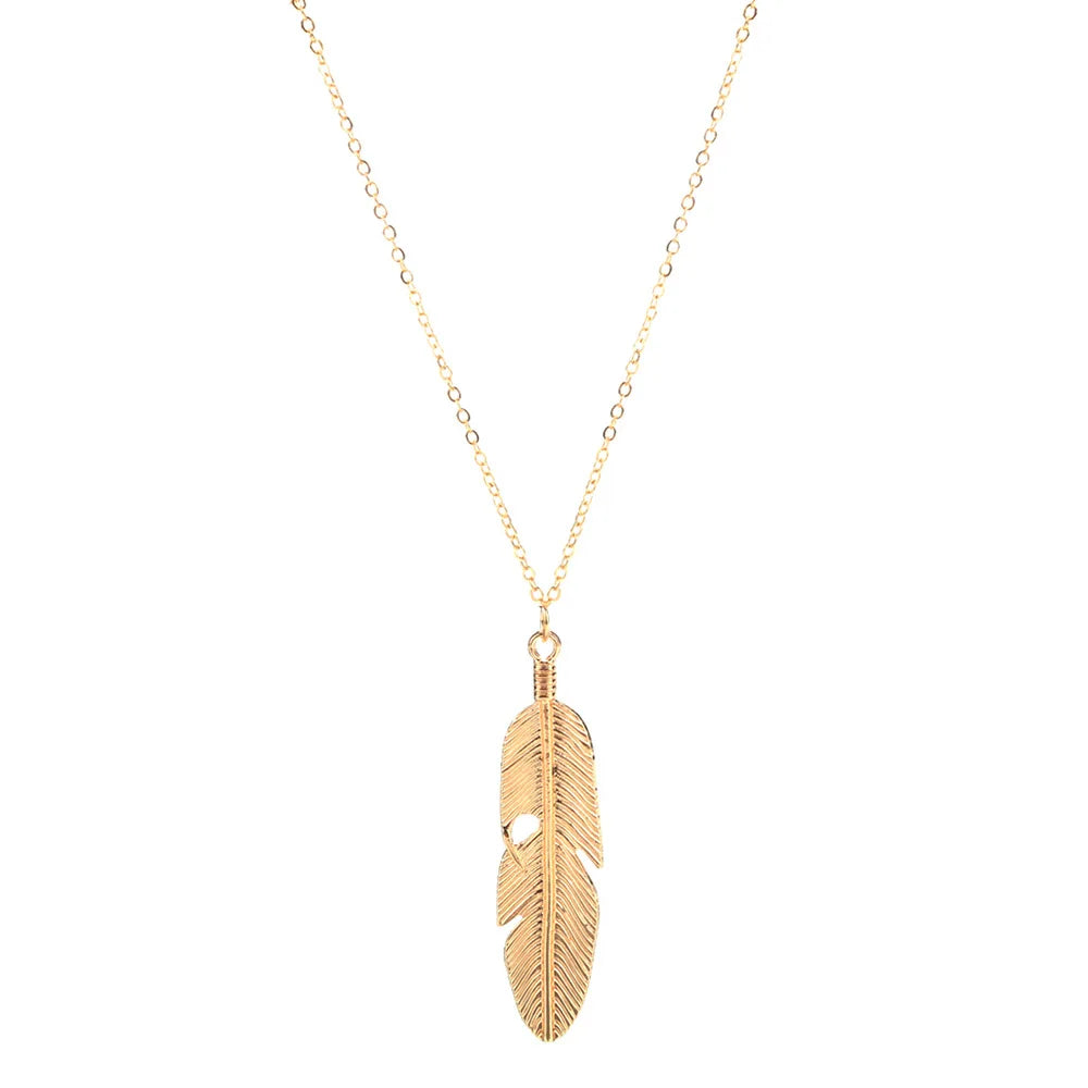 Collier Longue Chaîne Plume Feuille – Pendentif Tendance Pull Unisexe
