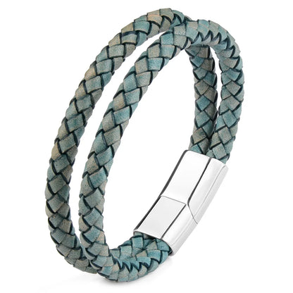 Bracelet Cuir Véritable Double Corde Tressée Homme – Fermoir Magnétique Acier