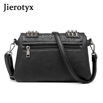 Sac Bandoulière Femme Cuir Noir Vintage - Messenger Rivets Crâne Style Rock