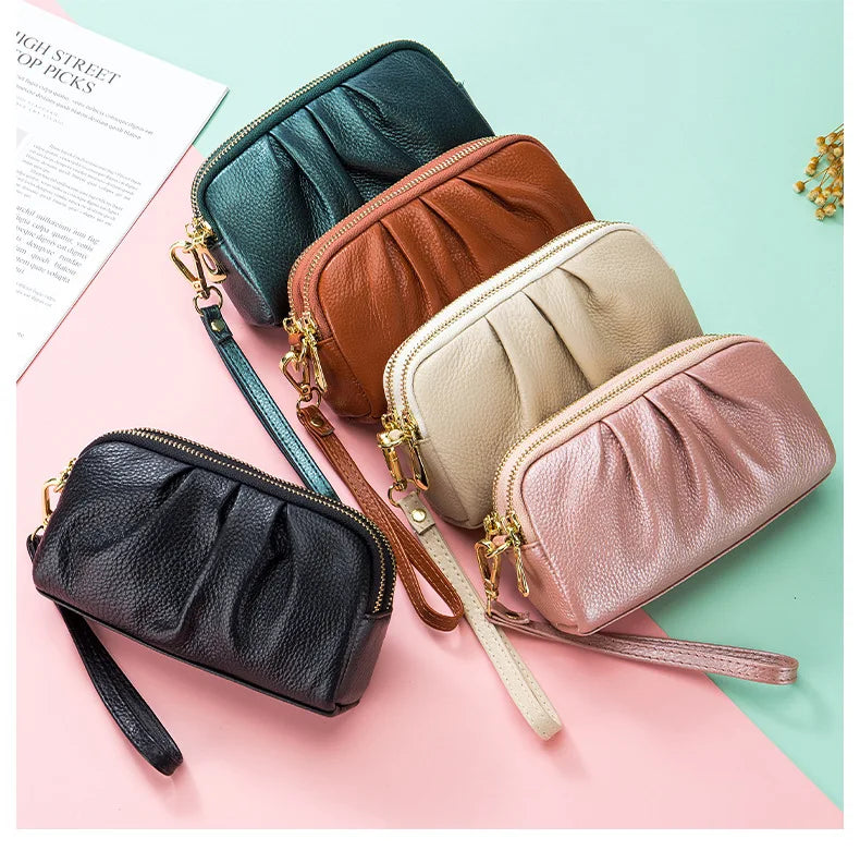 Portefeuille Femme Cuir Véritable Grande Capacité - Porte-Monnaie Long Zippé Multifonction avec Dragonne