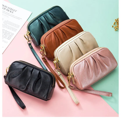 Portefeuille Femme Cuir Véritable Grande Capacité - Porte-Monnaie Long Zippé Multifonction avec Dragonne