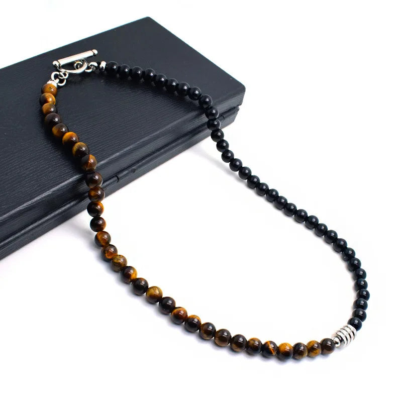 Collier Homme Acier Inoxydable Œil de Tigre Pierre Carte - Pendentif Titanium Bicolore Street