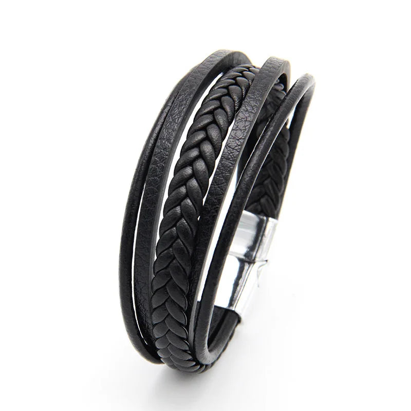 Bracelet Cuir Vachette Multicouche Tressé Homme – Fermoir Magnétique Vintage