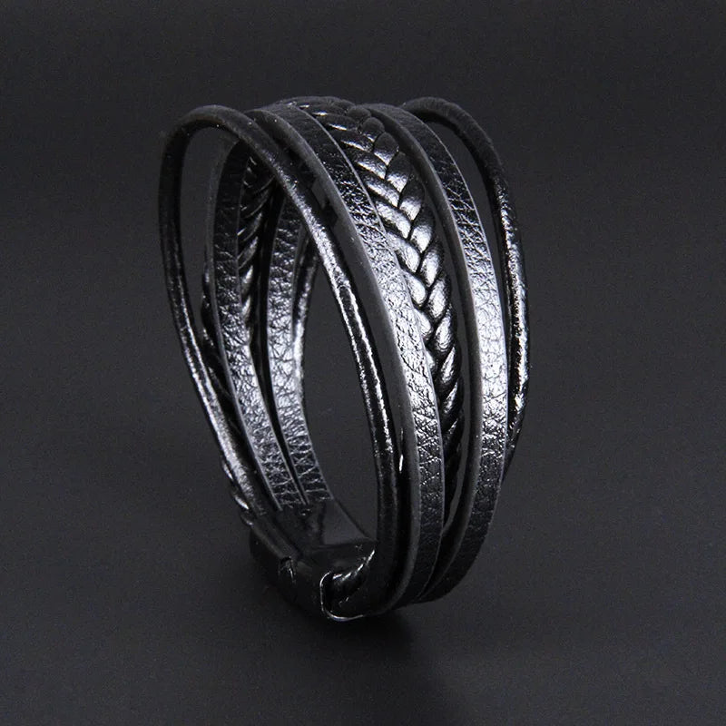 Bracelet Cuir Vachette Multicouche Tressé Homme – Fermoir Magnétique Vintage