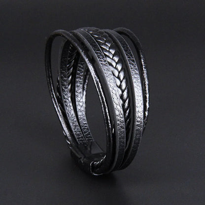 Bracelet Cuir Vachette Multicouche Tressé Homme – Fermoir Magnétique Vintage