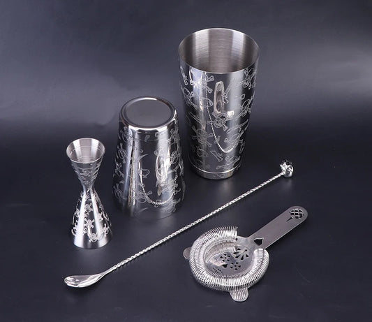 Boston Skull Cocktail Shaker Set - Professional Bar Tools, Strainer, Jigger, Spoon