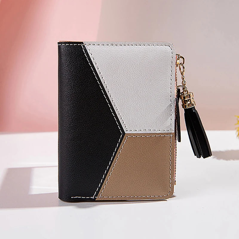 Portefeuille Femme Court avec Pompon - Porte-Monnaie PU Bicolore