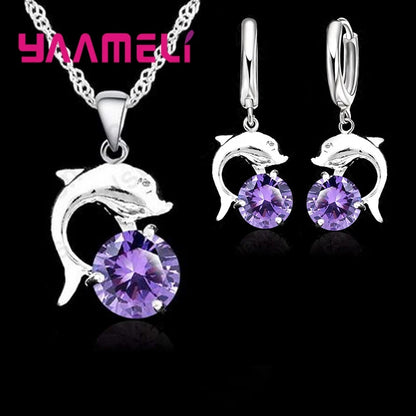 Set Bijoux Argent Sterling 925 Dauphin CZ Femme - Collier Pendentif Boucles Oreilles Mariage Fiançailles