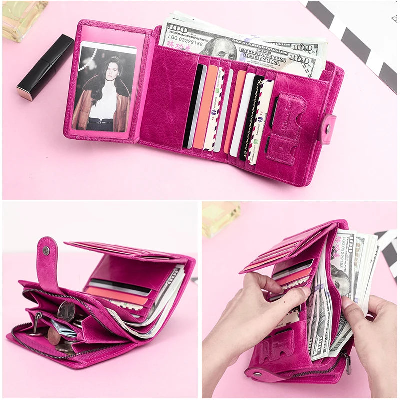 Portefeuille Femme Cuir Véritable Luxe Rose - Porte-Monnaie Compact Fermoir Hasp Porte-Carte Qualité