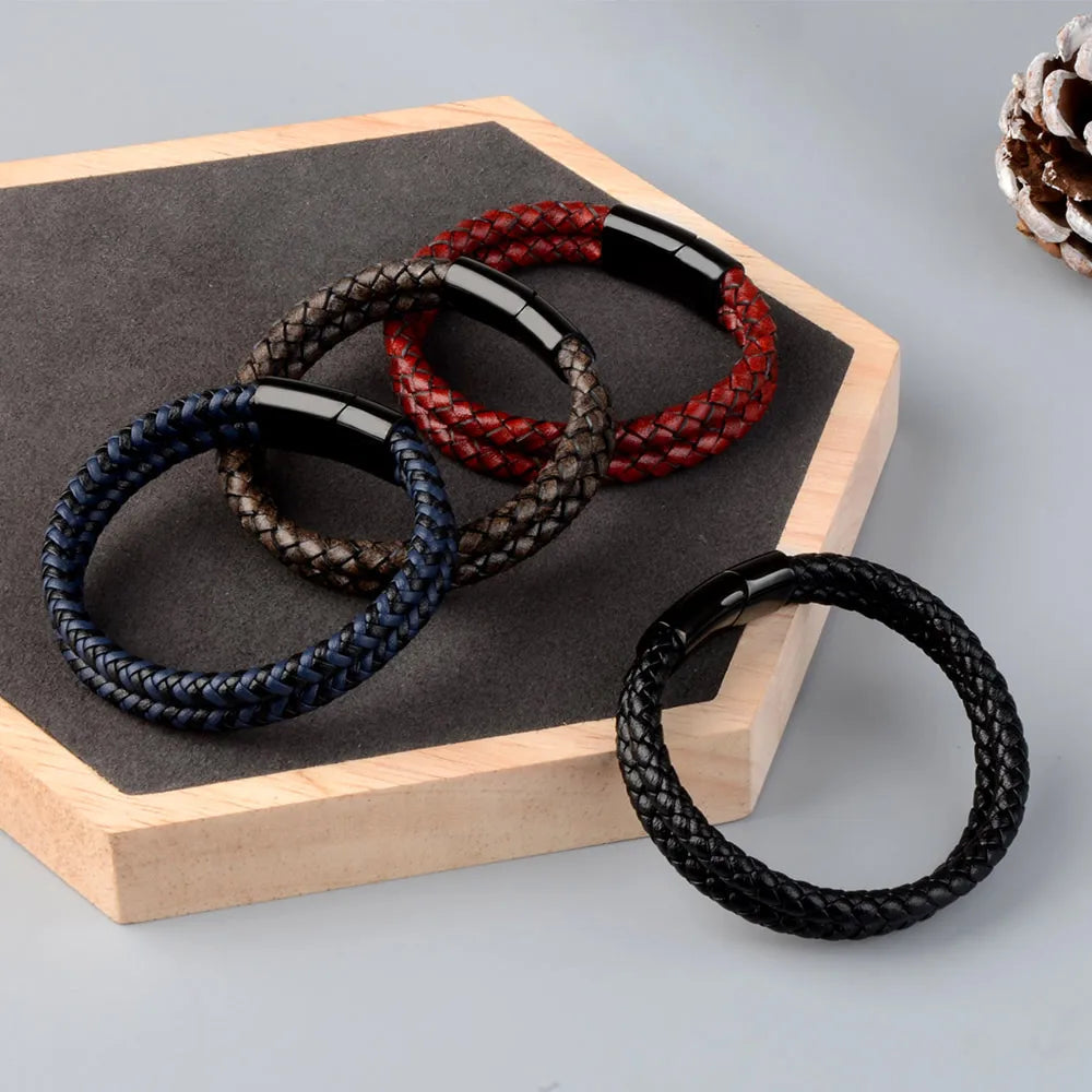 Bracelet Cuir Véritable Double Corde Tressée Homme – Fermoir Magnétique Acier