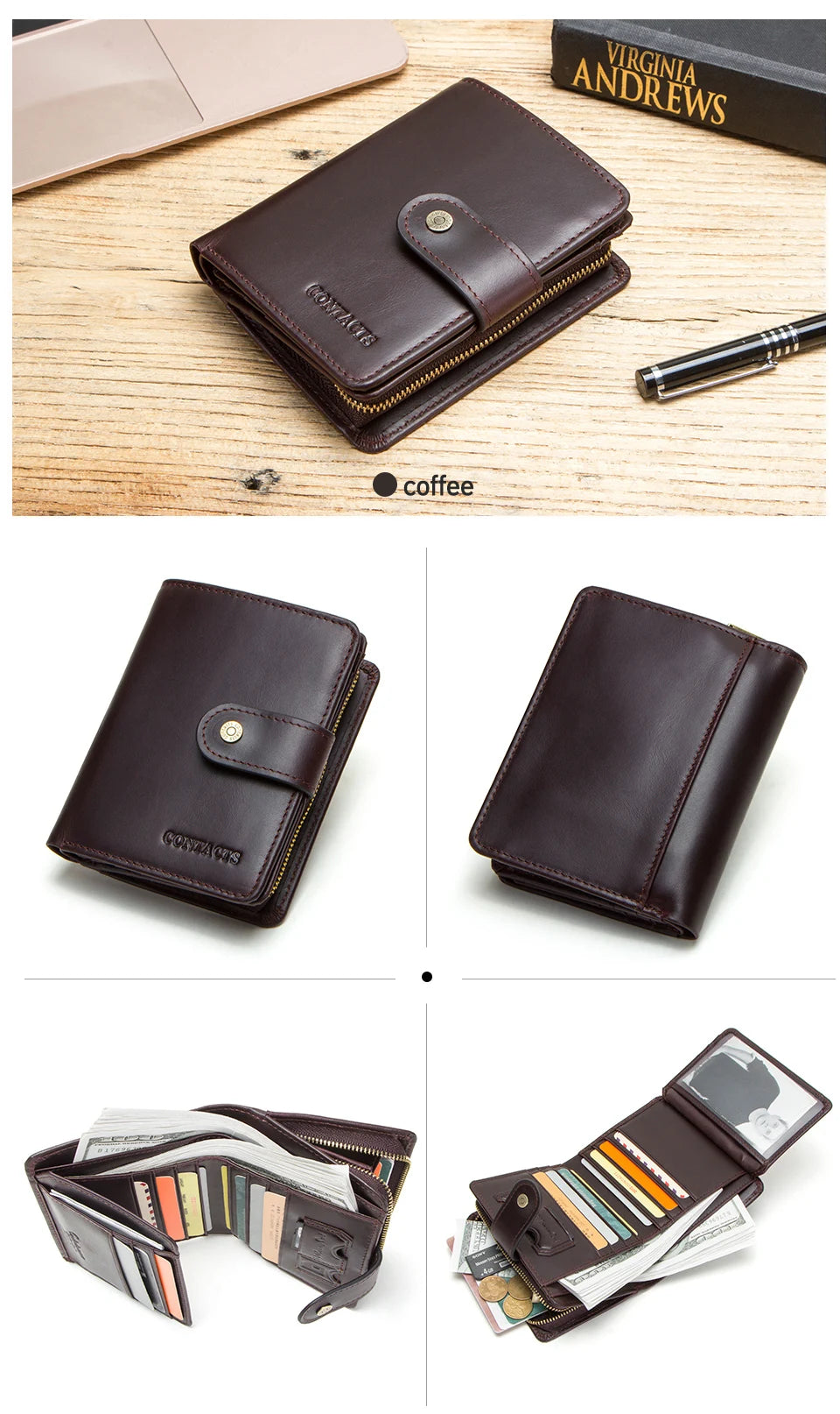 Portefeuille Femme Cuir Véritable Luxe Rose - Porte-Monnaie Compact Fermoir Hasp Porte-Carte Qualité