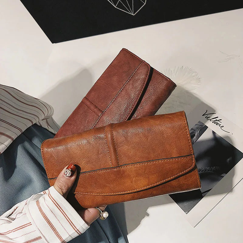 Portefeuille Femme Vintage Cuir PU Long Trifold - Pochette avec Fermoir et Compartiment Téléphone