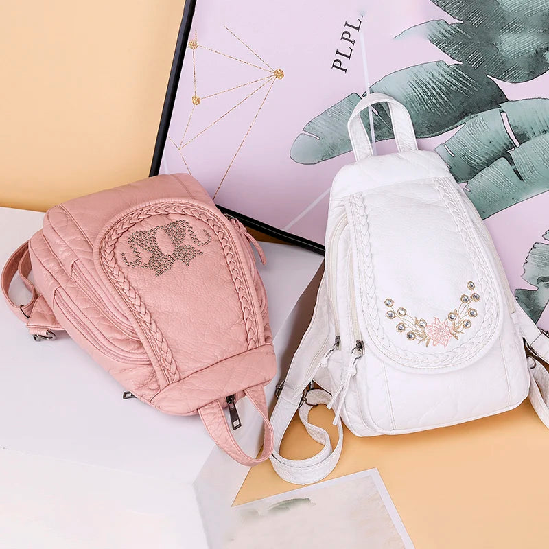 Sac à Dos Femme Cuir Blanc Souple - Backpack École Voyage Élégant Lavé