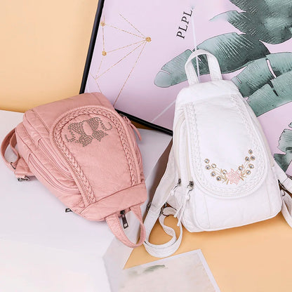 Sac à Dos Femme Cuir Blanc Souple - Backpack École Voyage Élégant Lavé