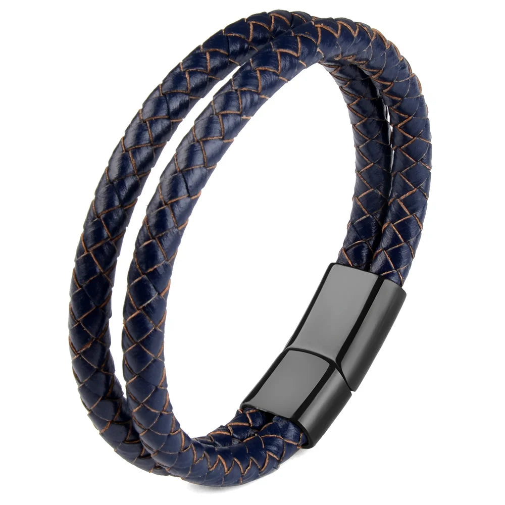 Bracelet Cuir Véritable Double Corde Tressée Homme – Fermoir Magnétique Acier
