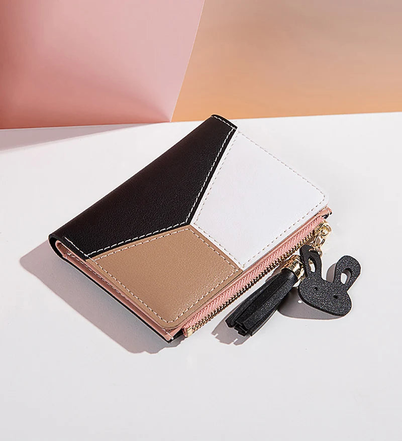 Portefeuille Femme Court avec Pompon - Porte-Monnaie PU Bicolore