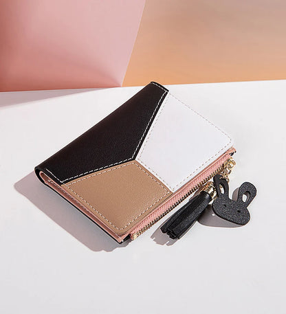 Portefeuille Femme Court avec Pompon - Porte-Monnaie PU Bicolore