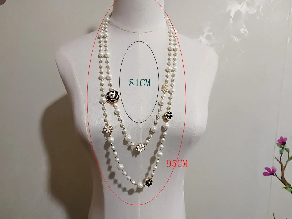 Collier Perles Simulées Long Double-Couche Femme - Pendentif Chaîne Pull Soirée Bijoux