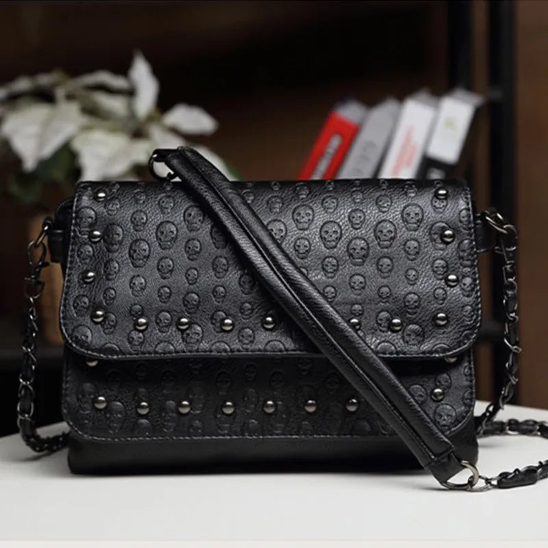 Sac Bandoulière Skull JIEROTYX Cuir - Petit Sac Épaule Tête de Mort Chaîne Luxe Femme