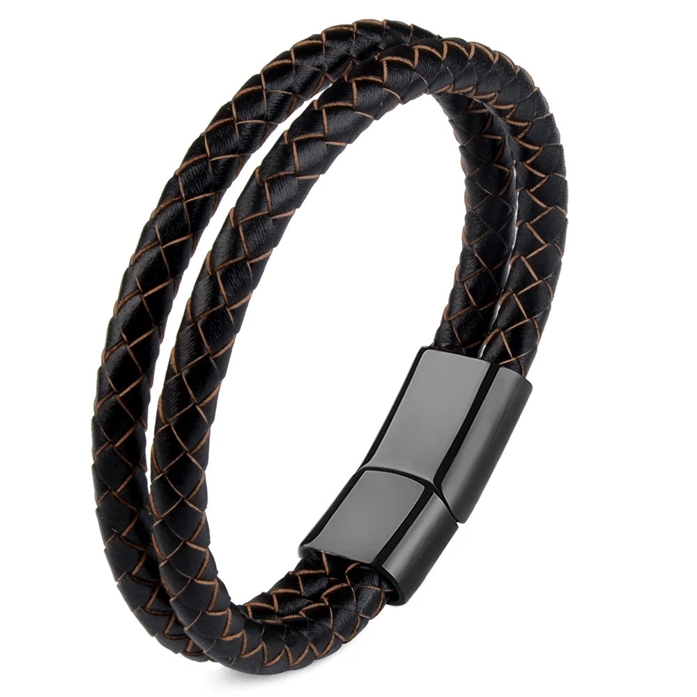 Bracelet Cuir Véritable Double Corde Tressée Homme – Fermoir Magnétique Acier