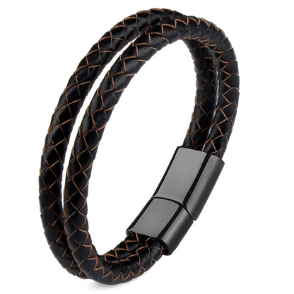 Bracelet Cuir Véritable Double Corde Tressée Homme – Fermoir Magnétique Acier