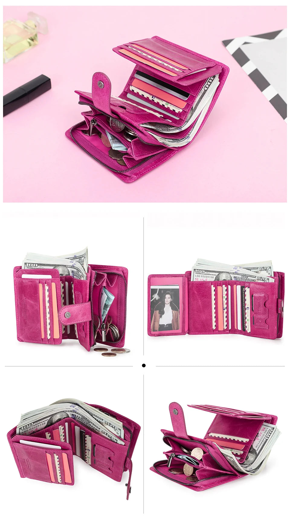 Portefeuille Femme Cuir Véritable Luxe Rose - Porte-Monnaie Compact Fermoir Hasp Porte-Carte Qualité
