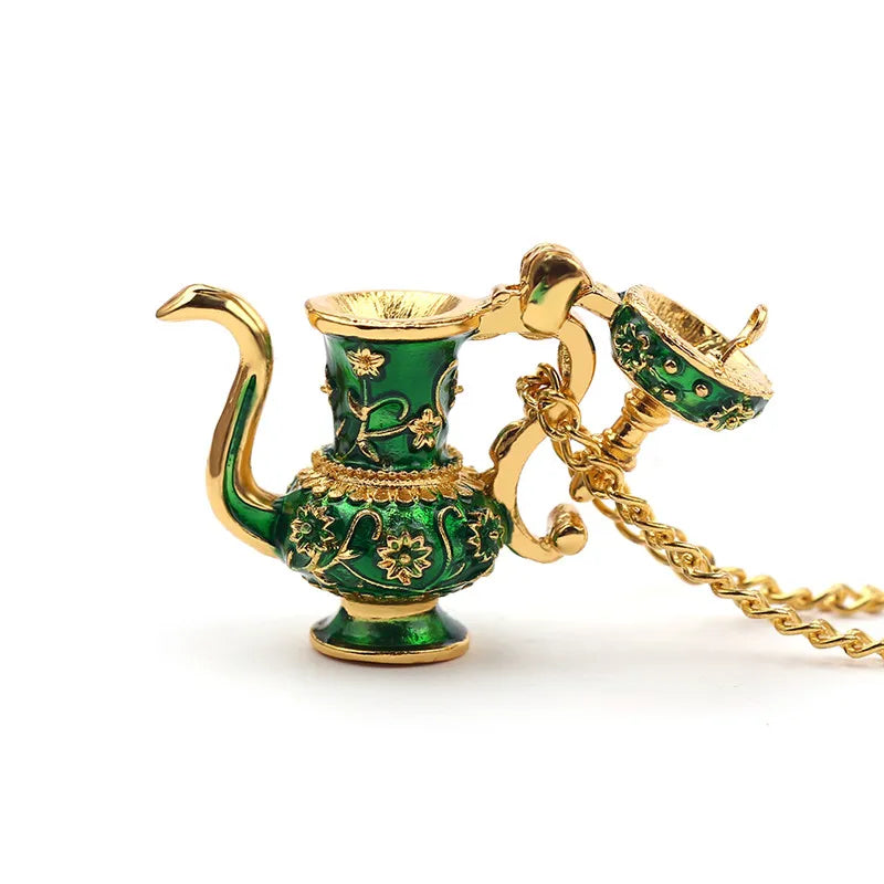 Collier Pendentif Tasse Thé Émail Fait Main - Chaîne Longue Pull Bohème