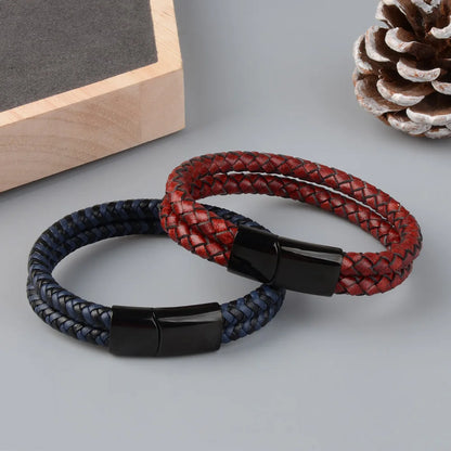 Bracelet Cuir Véritable Double Corde Tressée Homme – Fermoir Magnétique Acier