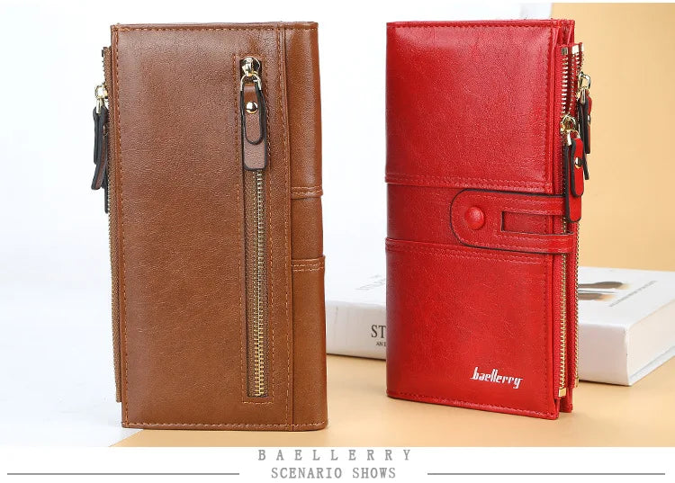 Portefeuille Femme Long Cuir Classique - Porte-Cartes avec Fermeture Éclair