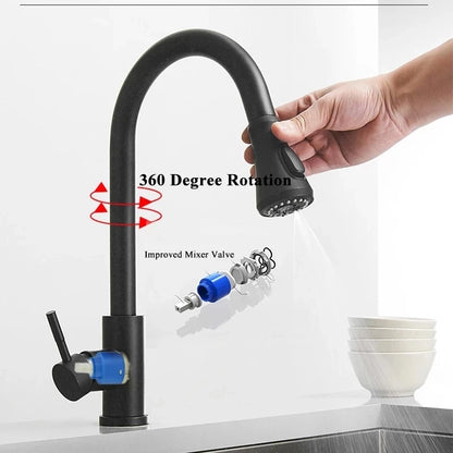 Robinet Cuisine Noir Mat avec Douchette Extractible - Mitigeur 360° Évier Moderne