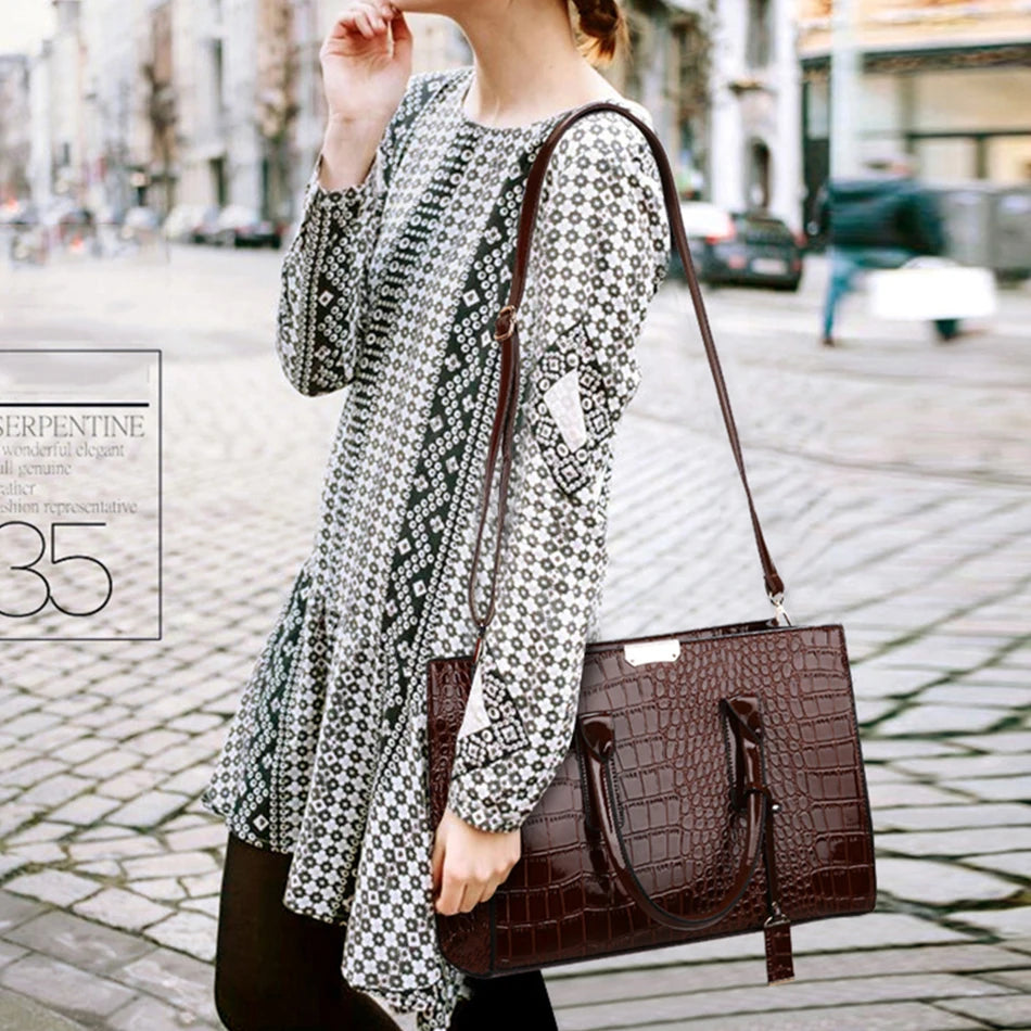 Sac Tote Femme Cuir Verni Motif Crocodile - Luxe Designer Grande Capacité Marron