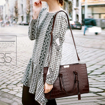 Sac Tote Femme Cuir Verni Motif Crocodile - Luxe Designer Grande Capacité Marron