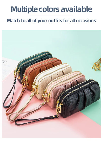 Portefeuille Femme Cuir Véritable Grande Capacité - Porte-Monnaie Long Zippé Multifonction avec Dragonne