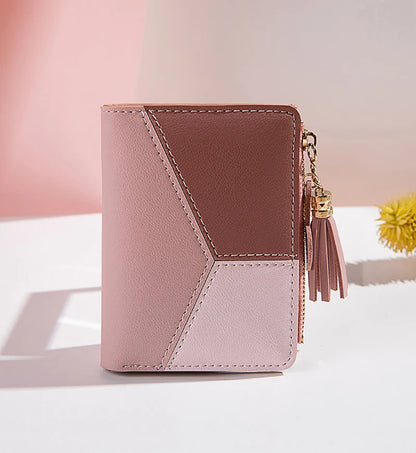 Portefeuille Femme Court avec Pompon - Porte-Monnaie PU Bicolore