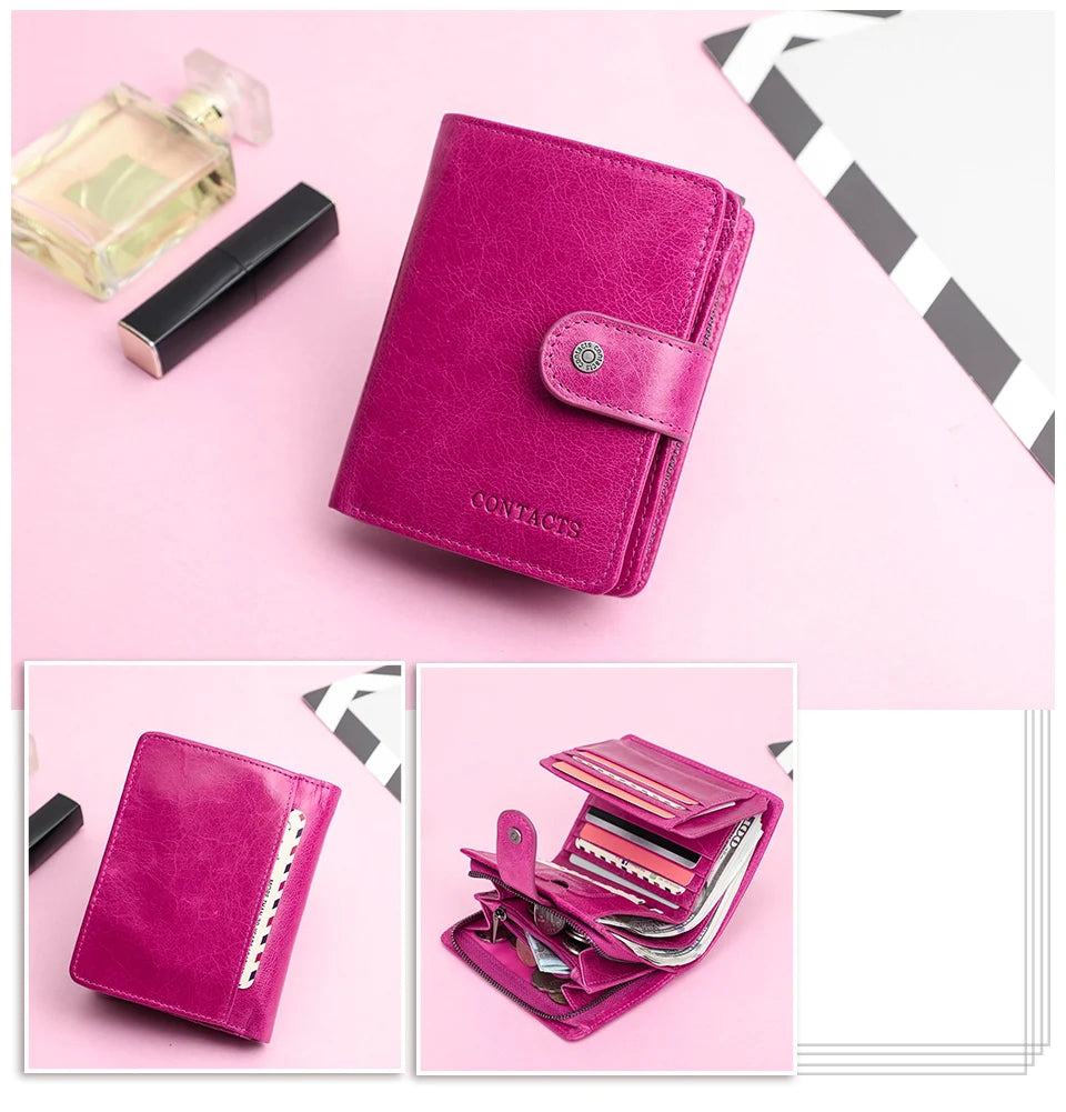 Portefeuille Femme Cuir Véritable Luxe Rose - Porte-Monnaie Compact Fermoir Hasp Porte-Carte Qualité