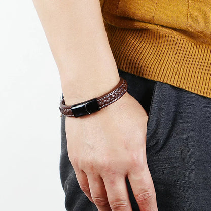 Bracelet Cuir Tressé Wrap Punk – Fermoir Magnétique Caché Acier Inox Femme