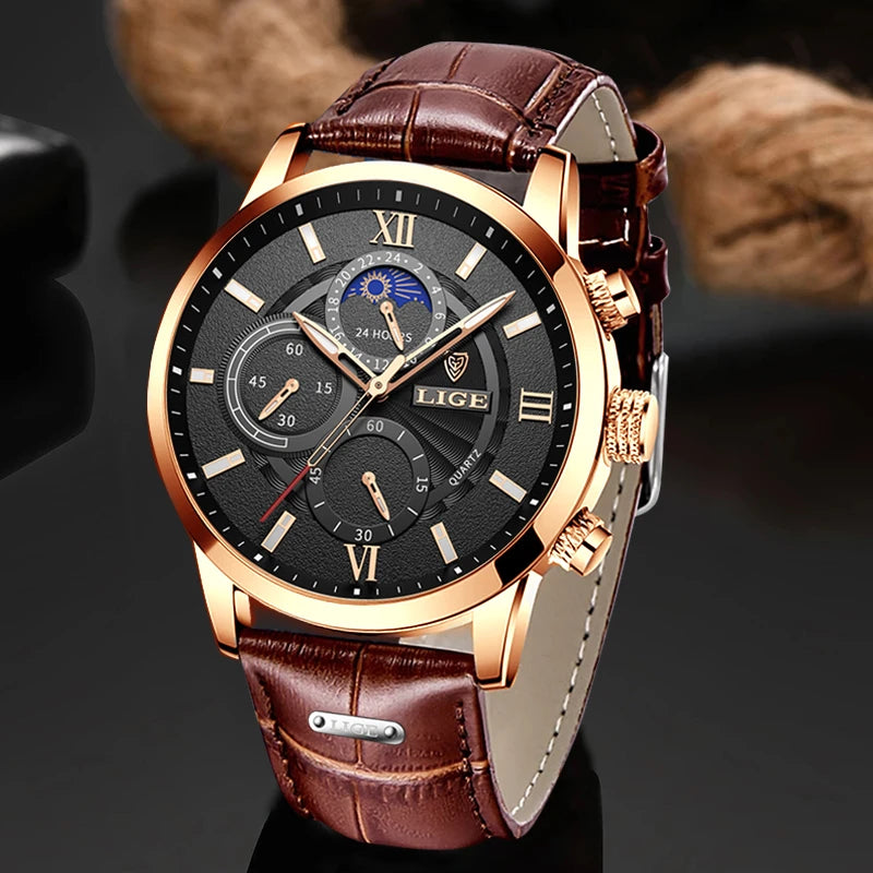 Montre Homme LIGE Luxe Cuir Quartz Étanche - Sport Casual Chronographe Relogio Masculino
