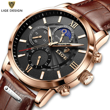 Montre Homme LIGE Luxe Cuir Quartz Étanche - Sport Casual Chronographe Relogio Masculino