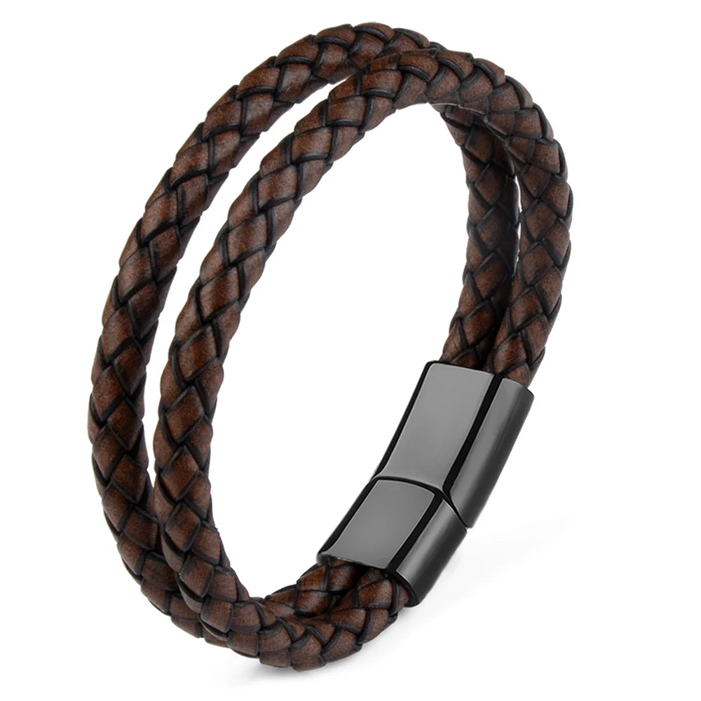 Bracelet Cuir Véritable Double Corde Tressée Homme – Fermoir Magnétique Acier