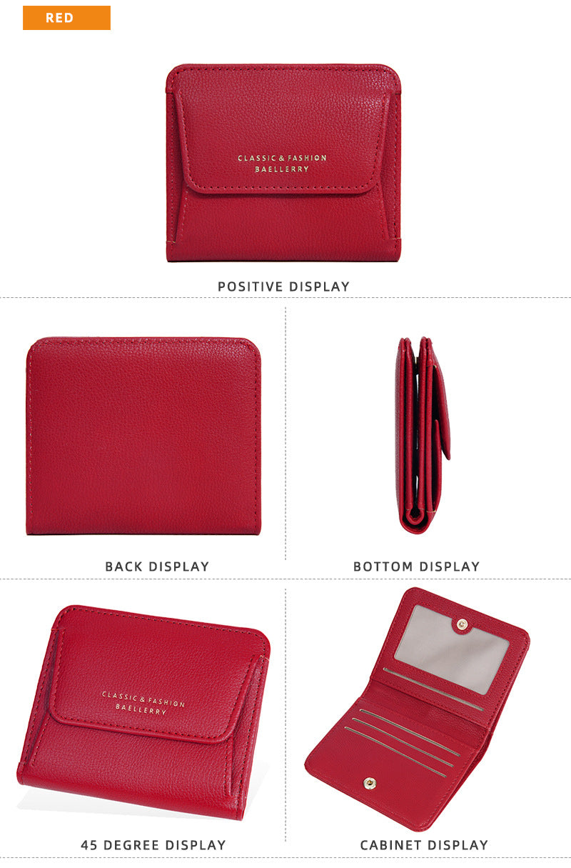 Portefeuille Femme Court Mini Cuir PU Noir - Porte-Carte Porte-Monnaie Multifonction Compact Rouge