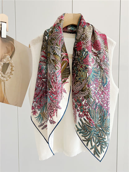 Foulard Carré Soie 100% Pure 90cm Neckerchief Femme - Châle Bandana Luxe Rose Vert