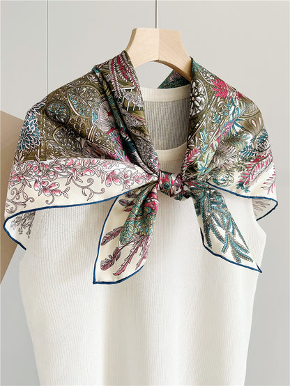 Foulard Carré Soie 100% Pure 90cm Neckerchief Femme - Châle Bandana Luxe Rose Vert