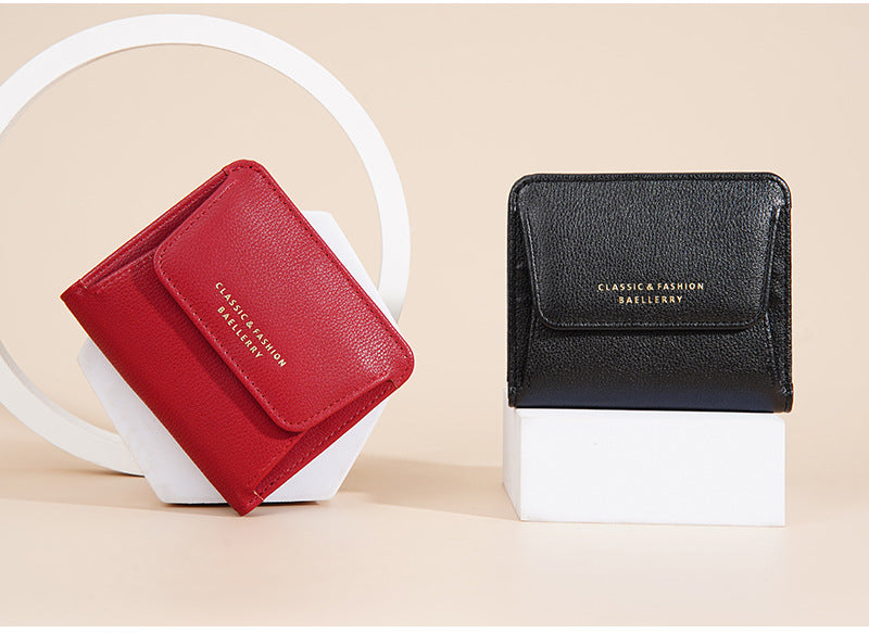 Portefeuille Femme Court Mini Cuir PU Noir - Porte-Carte Porte-Monnaie Multifonction Compact Rouge